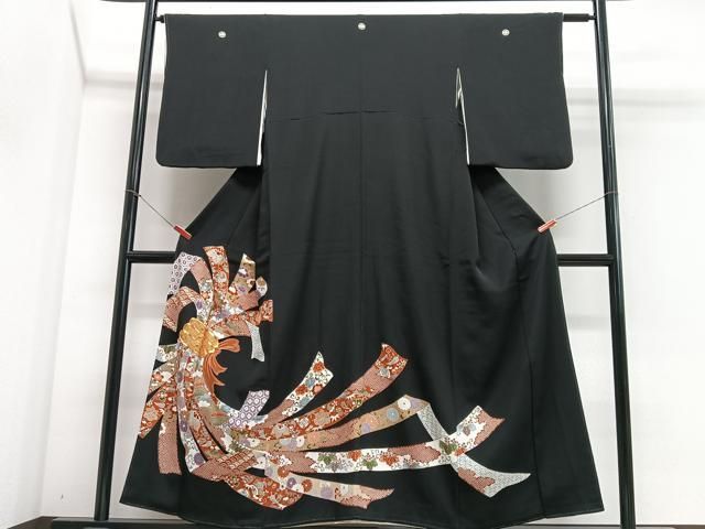 平和屋着物□豪華黒留袖 駒刺繍 束ね熨斗吉祥花文 正絹 逸品