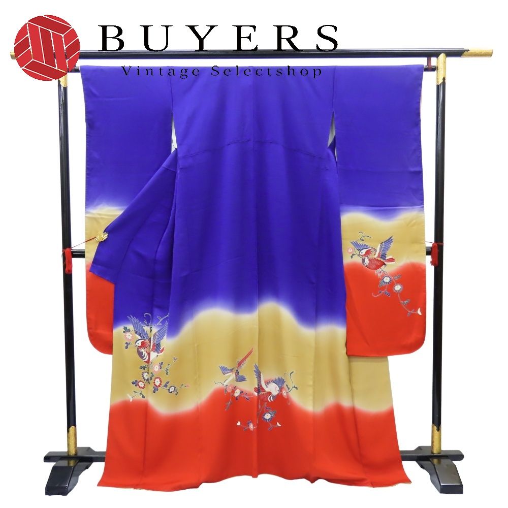 【中古】 振袖 重ね襟付き 正絹(金銀糸除く) 着丈約164cm 裄丈約67cm パープル レッド ベージュ 成人式 和装 呉服 和服 きもの レディース 女性