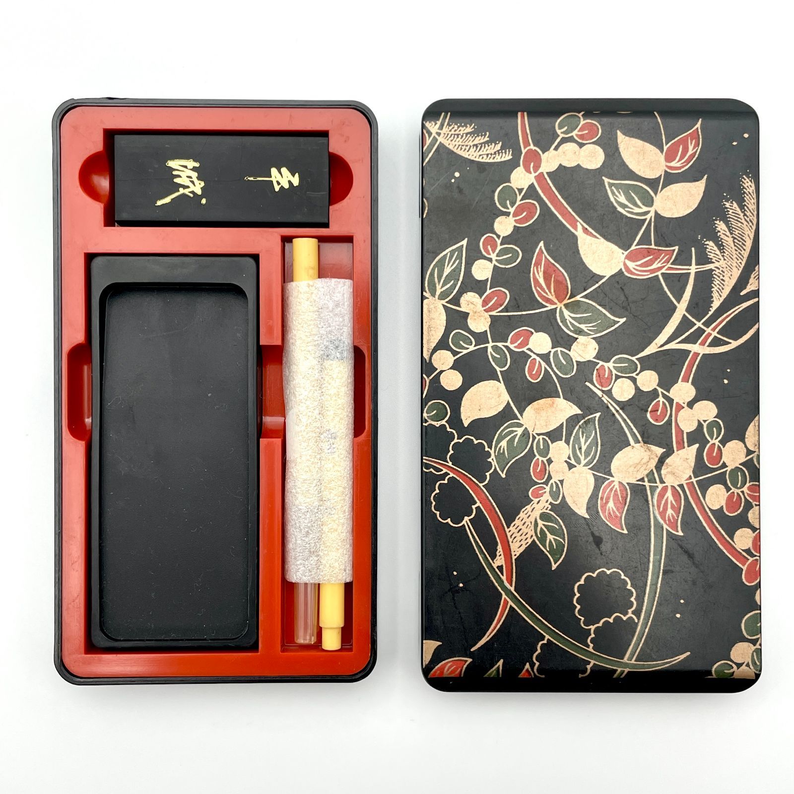 未使用 コンパクト書道セット ミニ硯箱 秋草模様 和柄 携帯用 筆 墨 硯