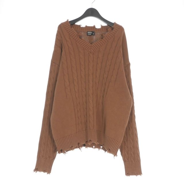 ロアリングワイルド ROARINGWILD 23AW ダメージ加工 Vネック ケーブルニット セーター 長袖 M ブラウン 茶 RW-23006013-0044