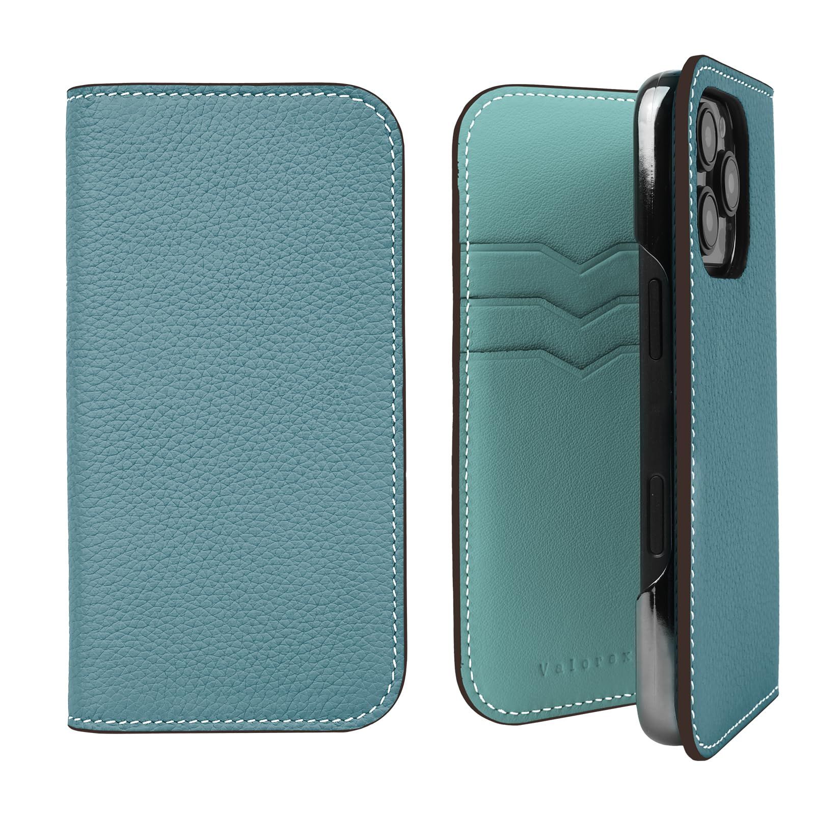 Valorex iPhone16 スマホケース 手帳型 本革ケース トゴレザー 携帯カバー スマートフォン カード収納 薄型 軽量 ギフト ブルージーン×ピーコックブルー, iPhone16 Pro