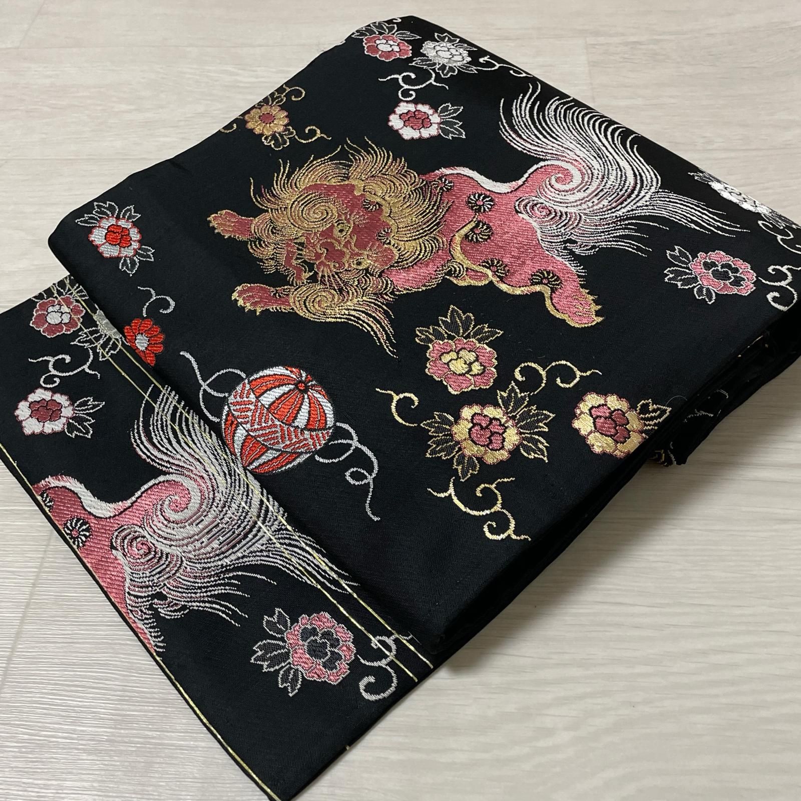 アンティーク 名古屋帯 唐獅子 菊唐草 黒地 九寸 正絹 着物 X-3857