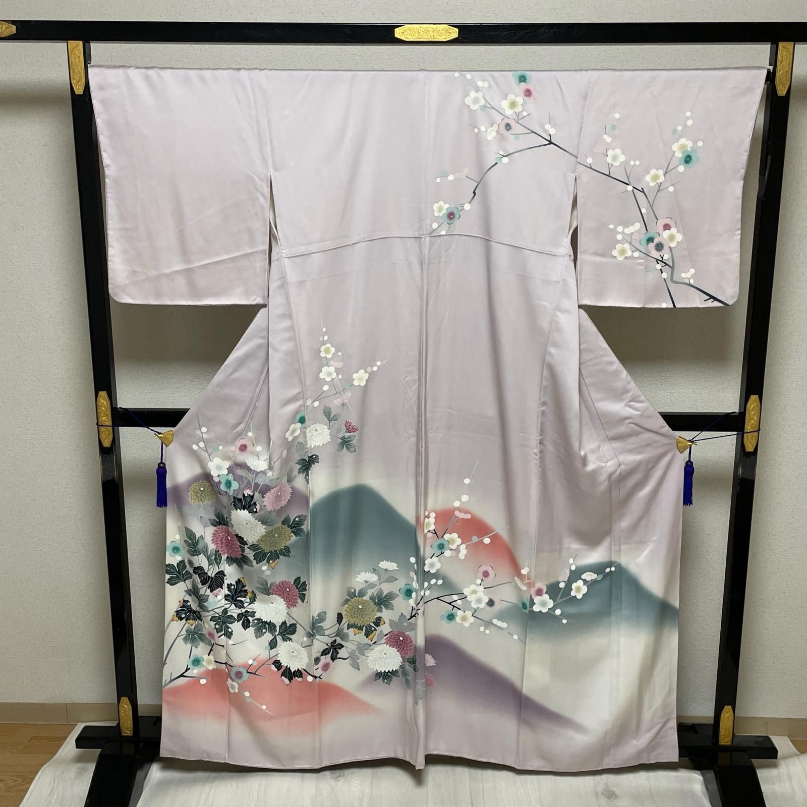 訪問着 裄68 菊に枝梅 暈しの山 着物 正絹 X-4037