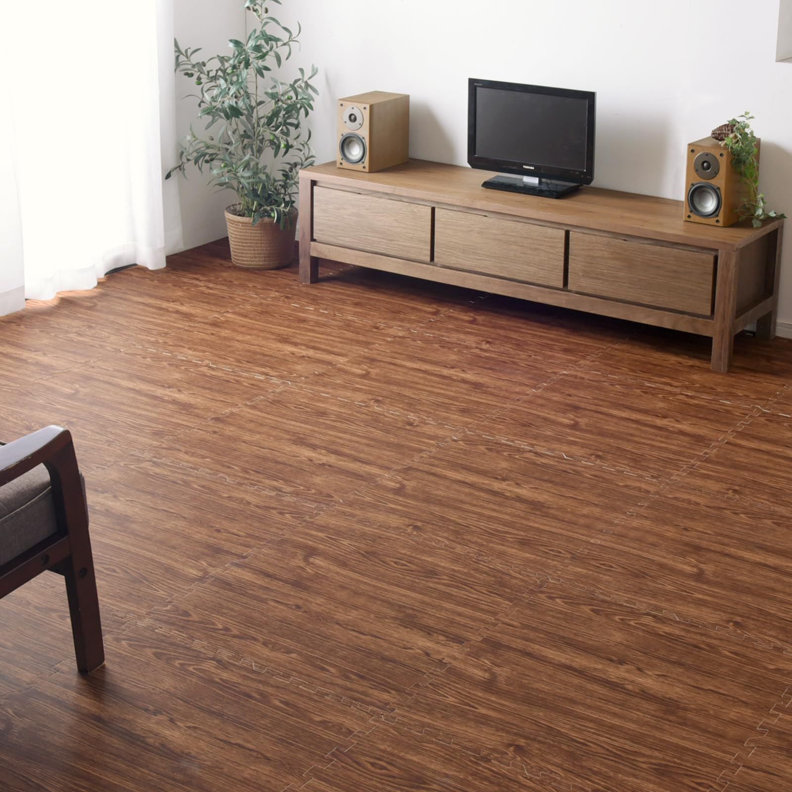 タンスのゲン ジョイントマット 大判59cm 厚み10mm 6畳用 32枚組 木目調 防音 保温性 床暖房対応 ノンホルムアルデヒド サイドパーツ付き ウォールナット 18700013 14 (84615)/