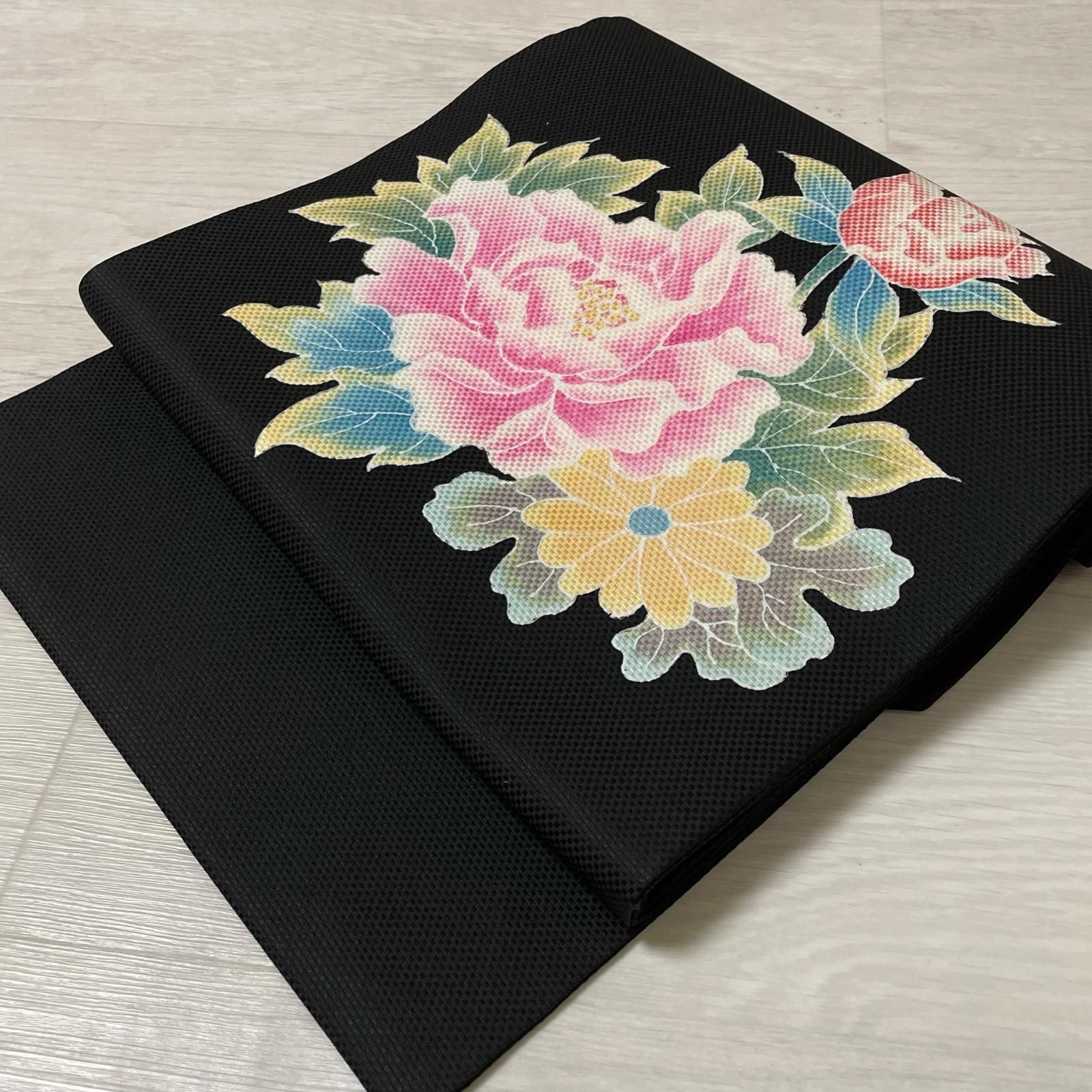 黒 着物 薔薇 女性着物帯 名古屋正絹 帯黒 通販 黒地名古屋帯 浴衣帯