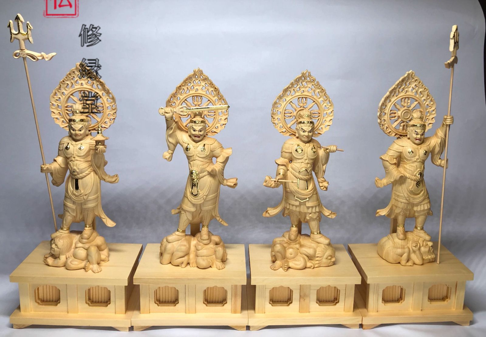 【修縁堂】仏教工芸品　時代彫刻　四天王仁王像 古美術　木彫仏教　精密彫刻