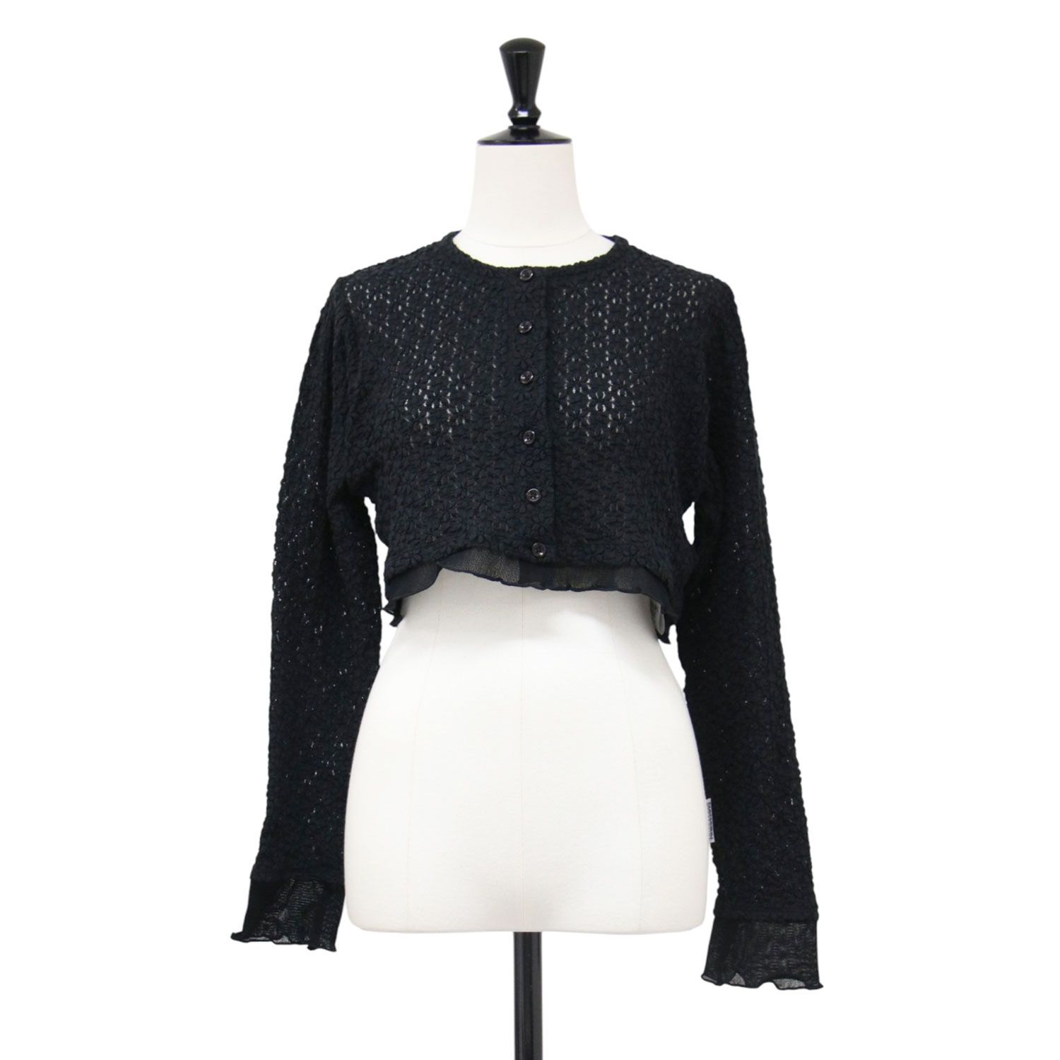【美品】JANE SMITH ジェーンスミス カーディガン ブラック 黒 サイズ:38(M) 26春夏 ナイロン コットン フラワーレース チュール コンビ カーディガン ショート丈 長袖 クルーネック シアー コットン【レディース】【中古】