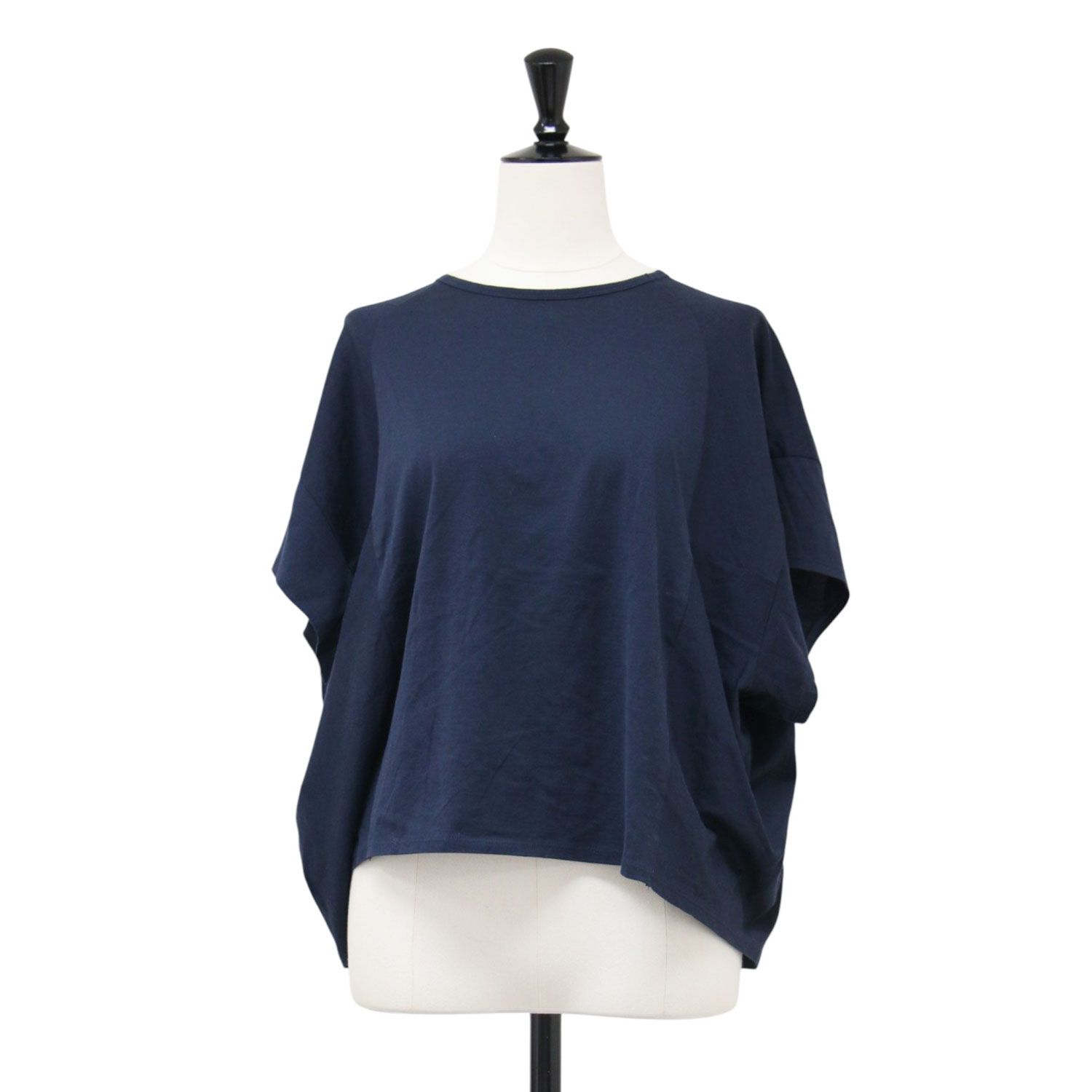 DRAWER ドゥロワー Tシャツ ネイビー 紺 サイズ:1(S) テンジク バックギャザー カットソー プルオーバー ショート丈 半袖 クルーネック コットン トップス カットトップス 日本製【レディース】【中古】