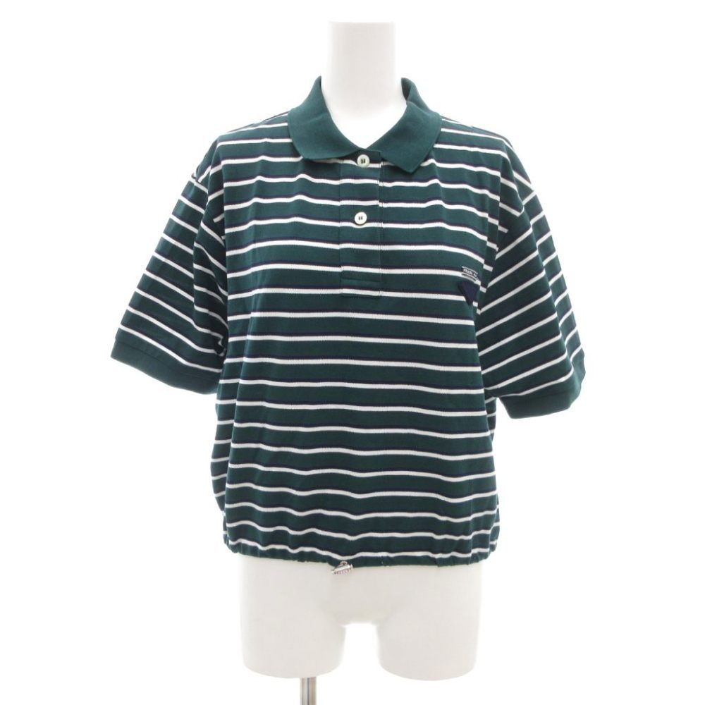 プラダ PRADA クロップド ポロシャツ コットンピケ 半袖 ボーダー 三角 トライアングル ロゴ ワッペン 40 緑 グリーン /UO ■GY11