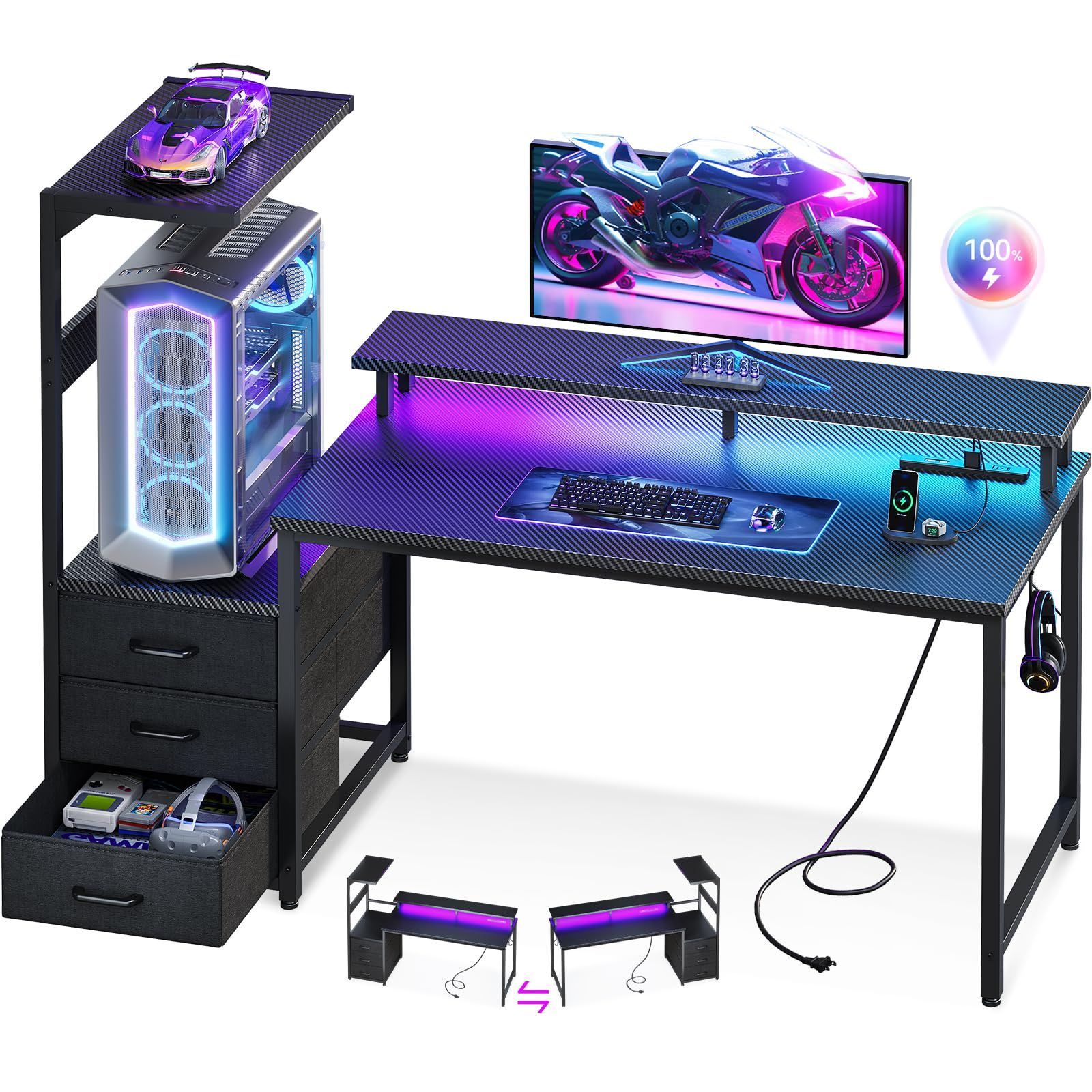 R◆AODK ゲーミングデスク パソコンデスク コンセント&LED付き 幅130cm 机 pcデスク ゲームデスク gaming desk 引き出し＆モニター台付き ゲーミングテーブル 棚付き 左右入れ替え対応 カーボン調ブラック 0f25c3ef