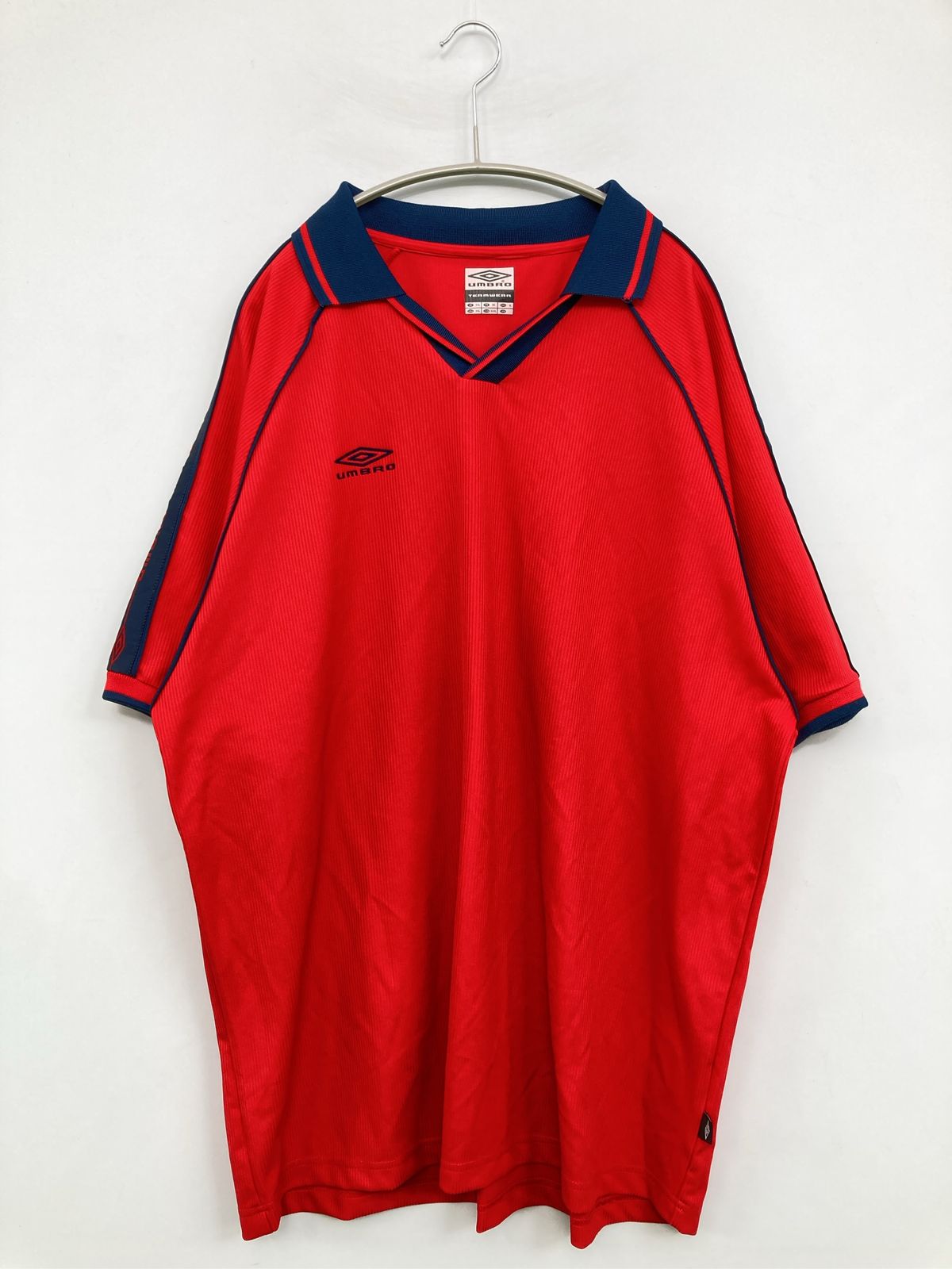 UMBRO アンブロ ポロシャツ XXL レッド ワンポイント ブランドロゴ 半袖 ライン柄 メンズ
