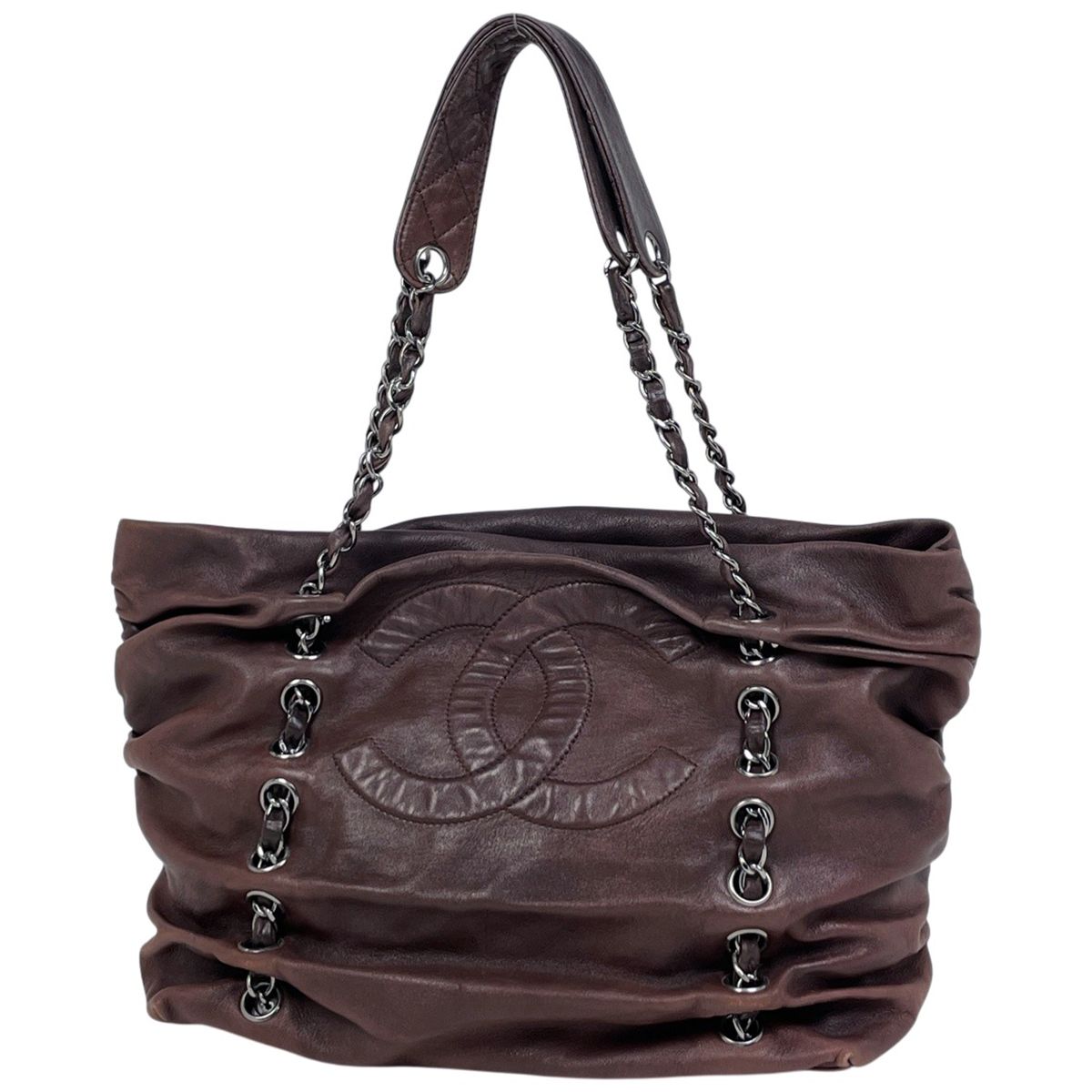 シャネル CHANEL ココマーク チェーン トートバッグ ショルダーバッグ レザー ブラウン レディース 【中古】