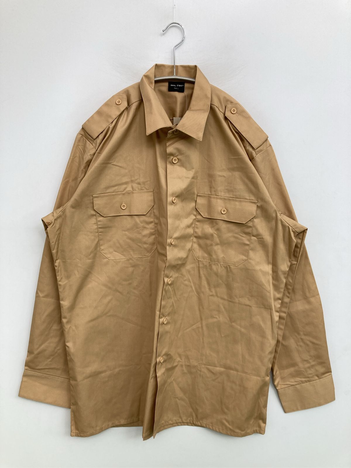 MIL-TEC シャツ/ブラウス L ベージュ コットン 無地 ロング丈 長袖 レギュラーカラー メンズ