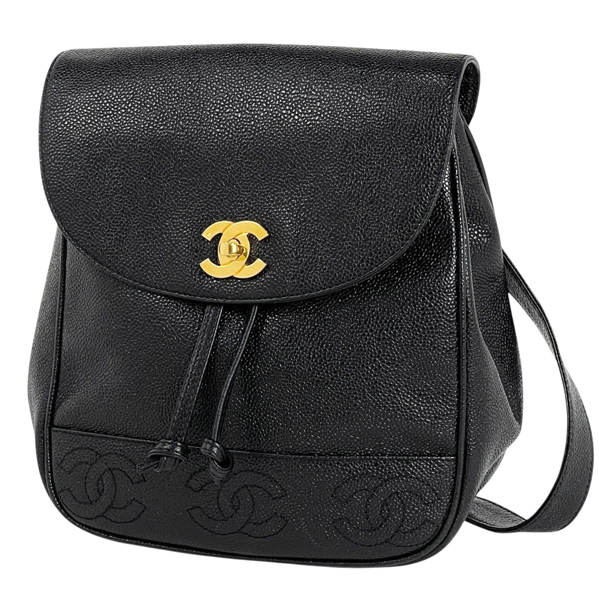 シャネル CHANEL トリプルココマーク リュックサック バックパック デイパック キャビアスキン ブラック レディース 【中古】