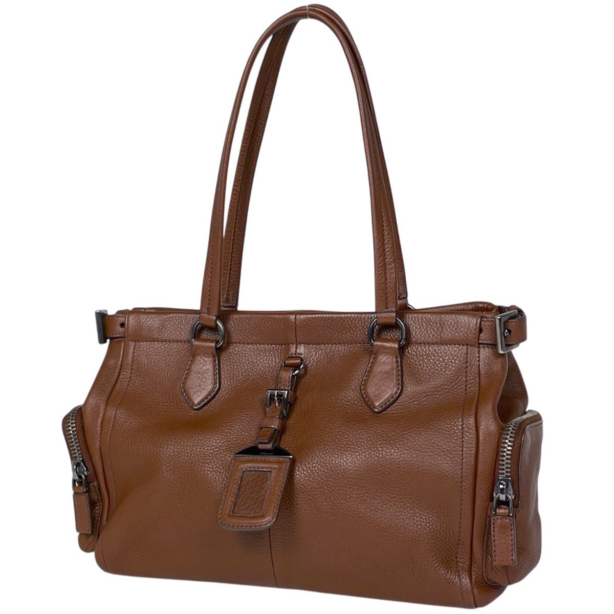 プラダ PRADA ロゴプレート トートバッグ ハンドバッグ レザー ブラウン レディース 【中古】