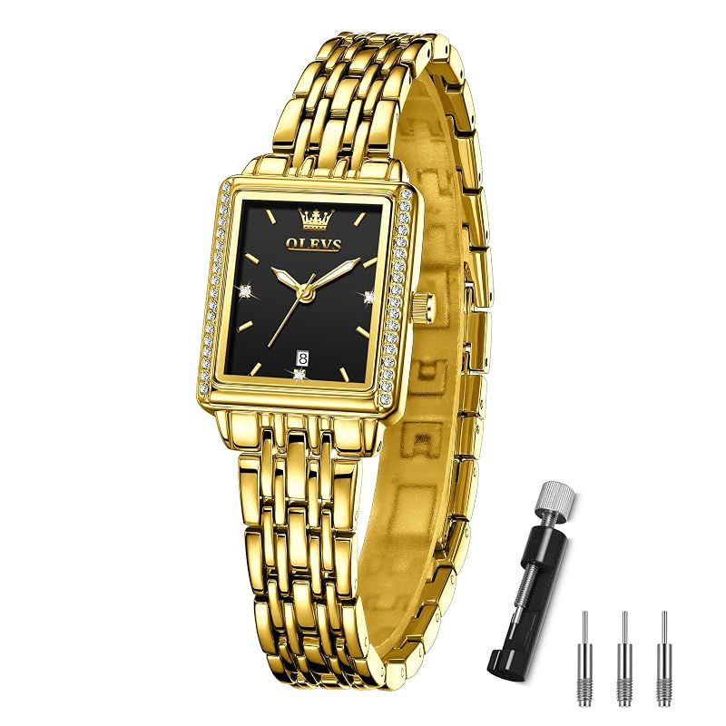 【新品】 腕時計 レディース Olevs 四角い ゴールド 人気 レディースウォッチ Gold Watch for Women 防水 クォーツ 婦人用腕時 計 アナログ ビジネス キラキラ きれい おしゃれ Ladies Watch 女用腕時計日付 軽量 メタ