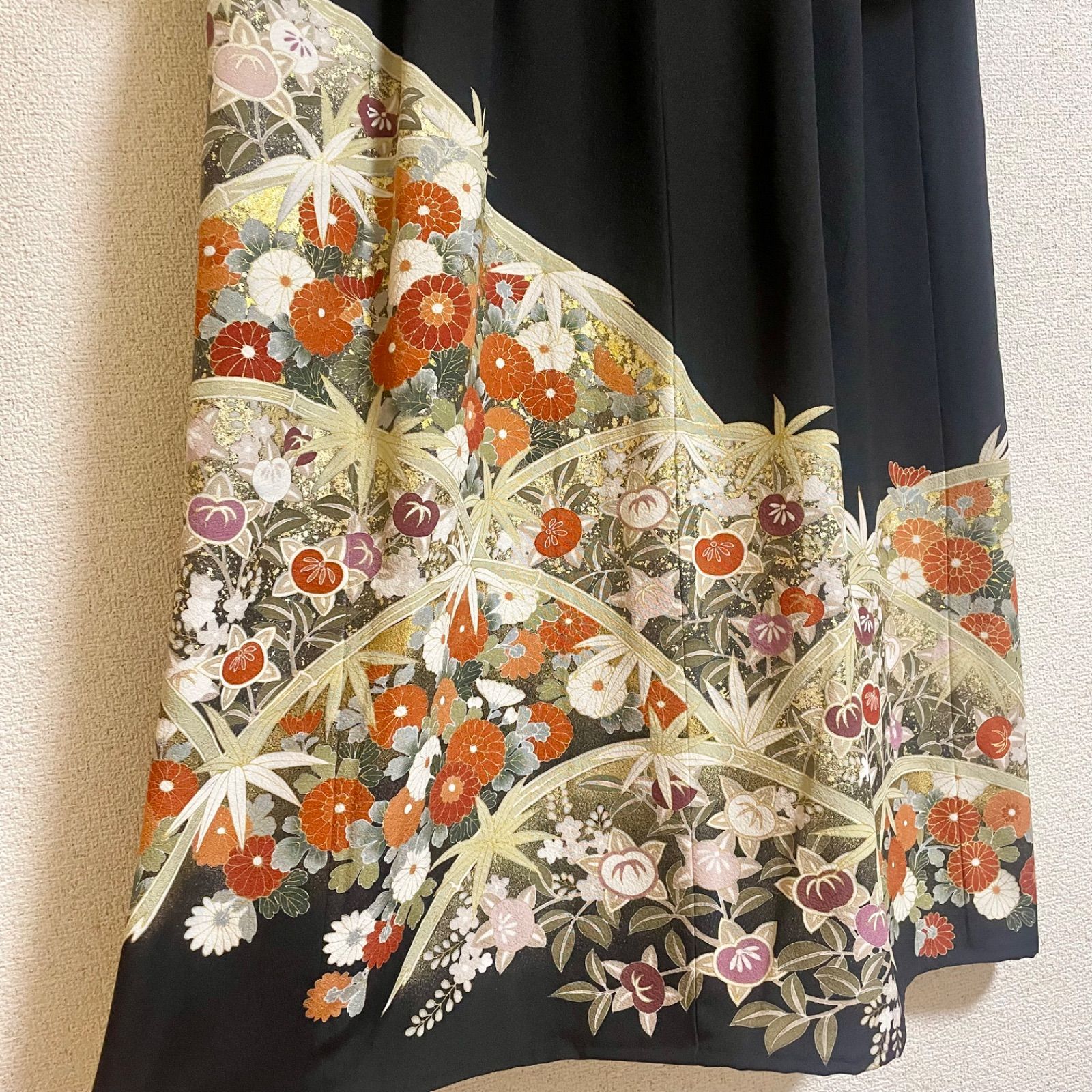 一点物 着物リメイク ロングワンピース ドレス 黒留袖 正絹 笹竹花文
