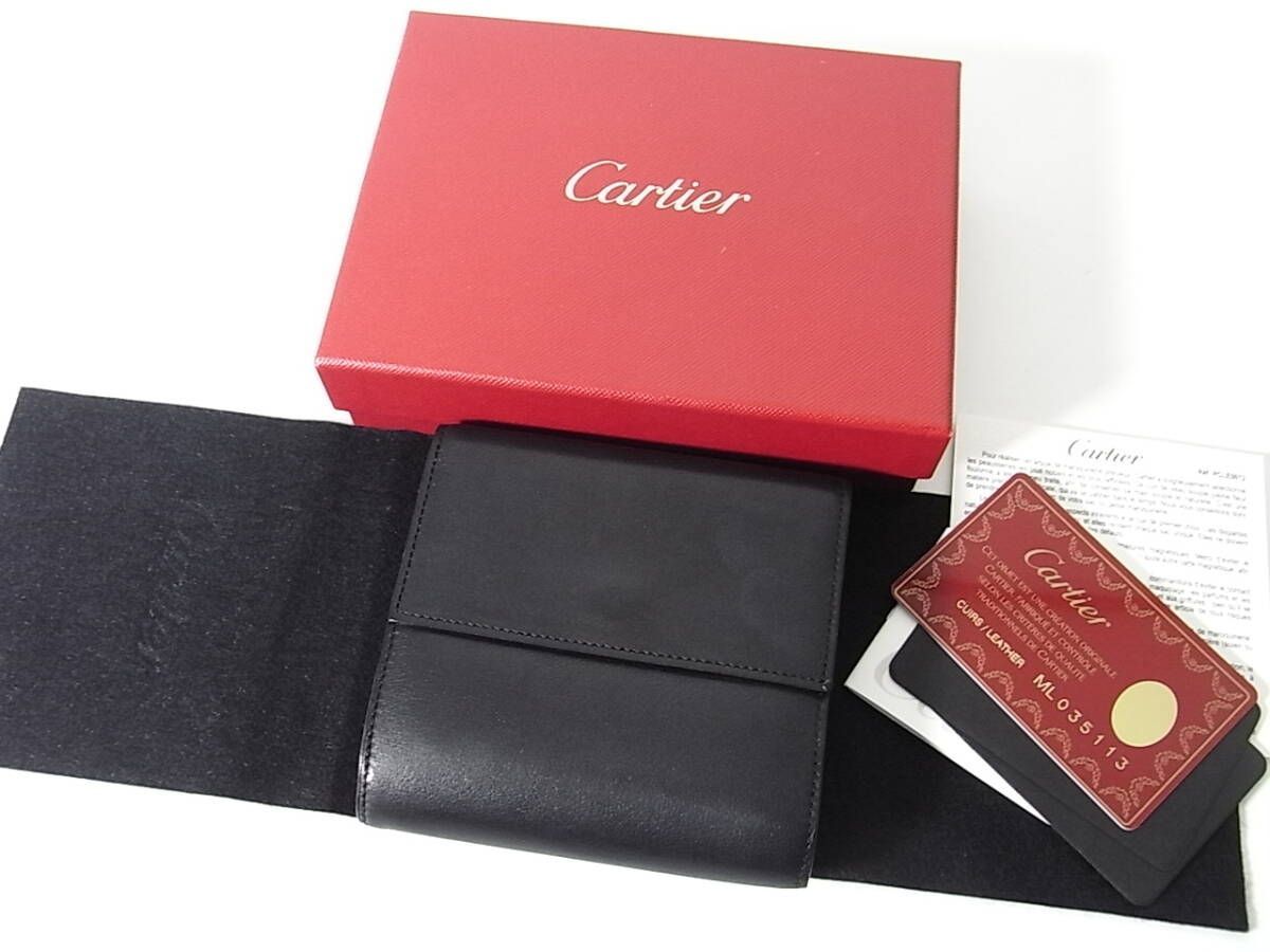 Cartier カルティエ カーフ製 ダブルホック 三つ折り財布 ブラック 美品