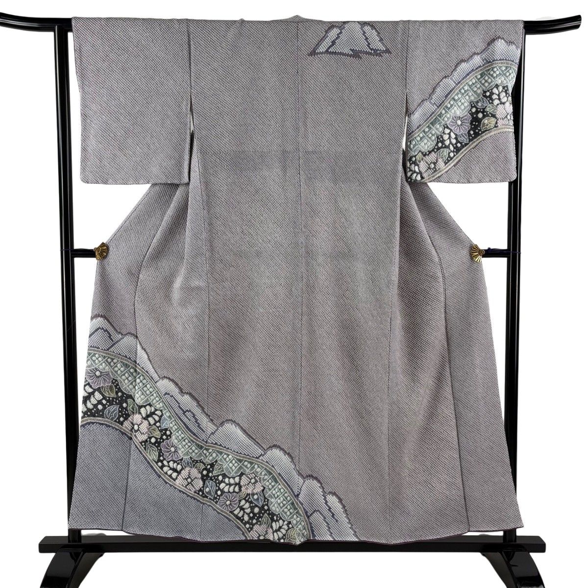 【美品】 訪問着 身丈155cm 裄丈64cm M 袷 草花 総絞り 灰紫 正絹 逸品 【中古】
