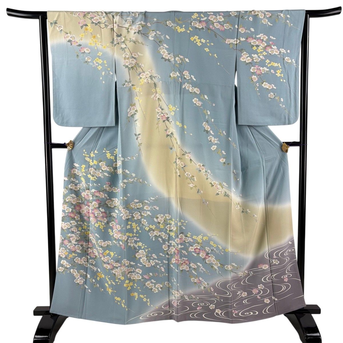 訪問着 身丈161cm 裄丈65cm M 袷 桜 枝花 染分け ぼかし 水色 正絹