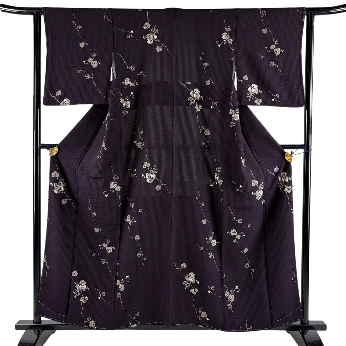 【美品】 小紋 身丈157cm 裄丈63cm S 袷 葉と実 七宝 濃紫 正絹 逸品 【中古】