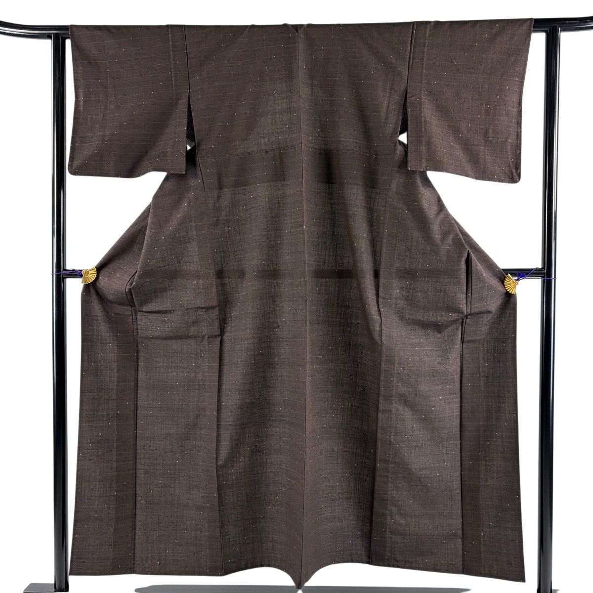 【美品】 結城紬 身丈153cm 裄丈61cm S 単衣 はたおり娘 証紙 格子 茶紫 正絹 逸品 【中古】