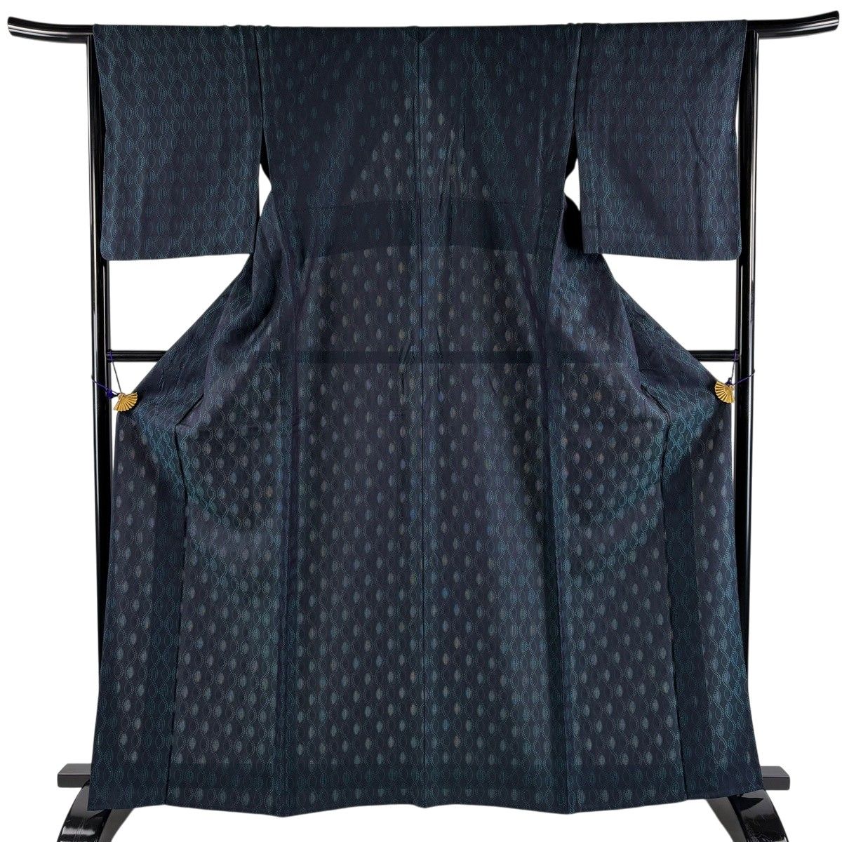 お召 身丈165cm 裄丈64.5cm M 単衣 立涌 深緑 正絹 逸品 【中古】