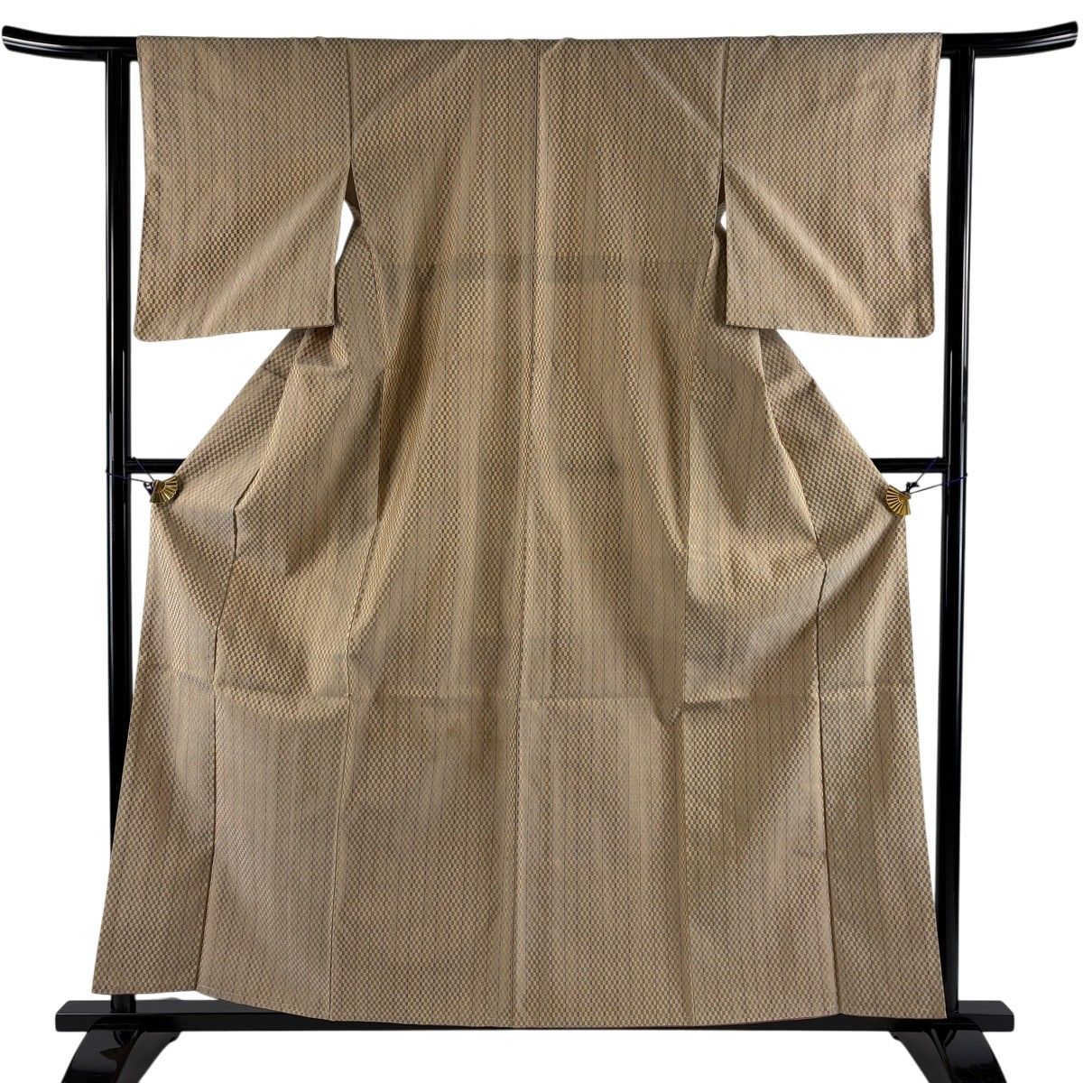 紬 身丈158.5cm 裄丈61.5cm S 袷 市松 縦縞 山吹茶色 正絹 逸品 【中古】