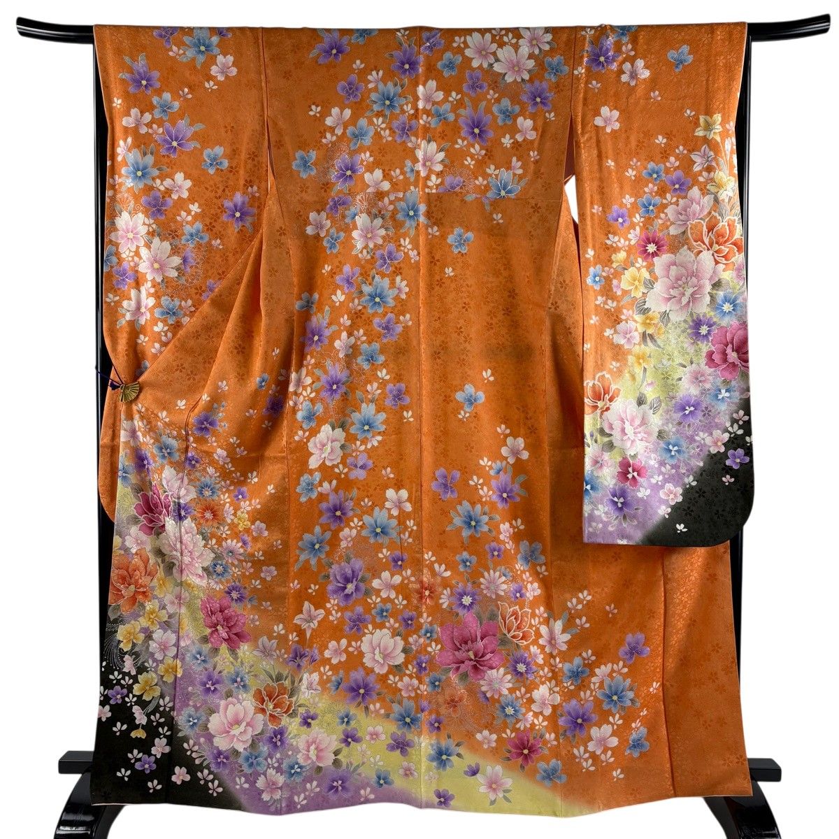 【美品】 振袖 身丈166.5cm 裄丈66cm M 袷 草花 幾何学模様 金糸 銀彩 オレンジ 正絹 逸品 【中古】振袖