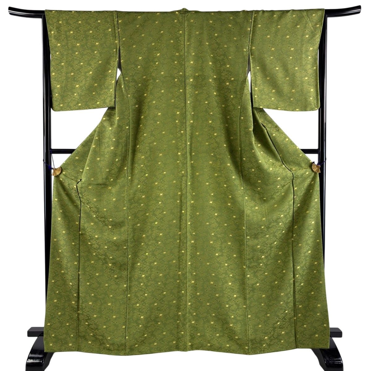 【美品】 小紋 身丈167.5cm 裄丈66cm M 袷 千鳥 波 よもぎ色 正絹 逸品 【中古】