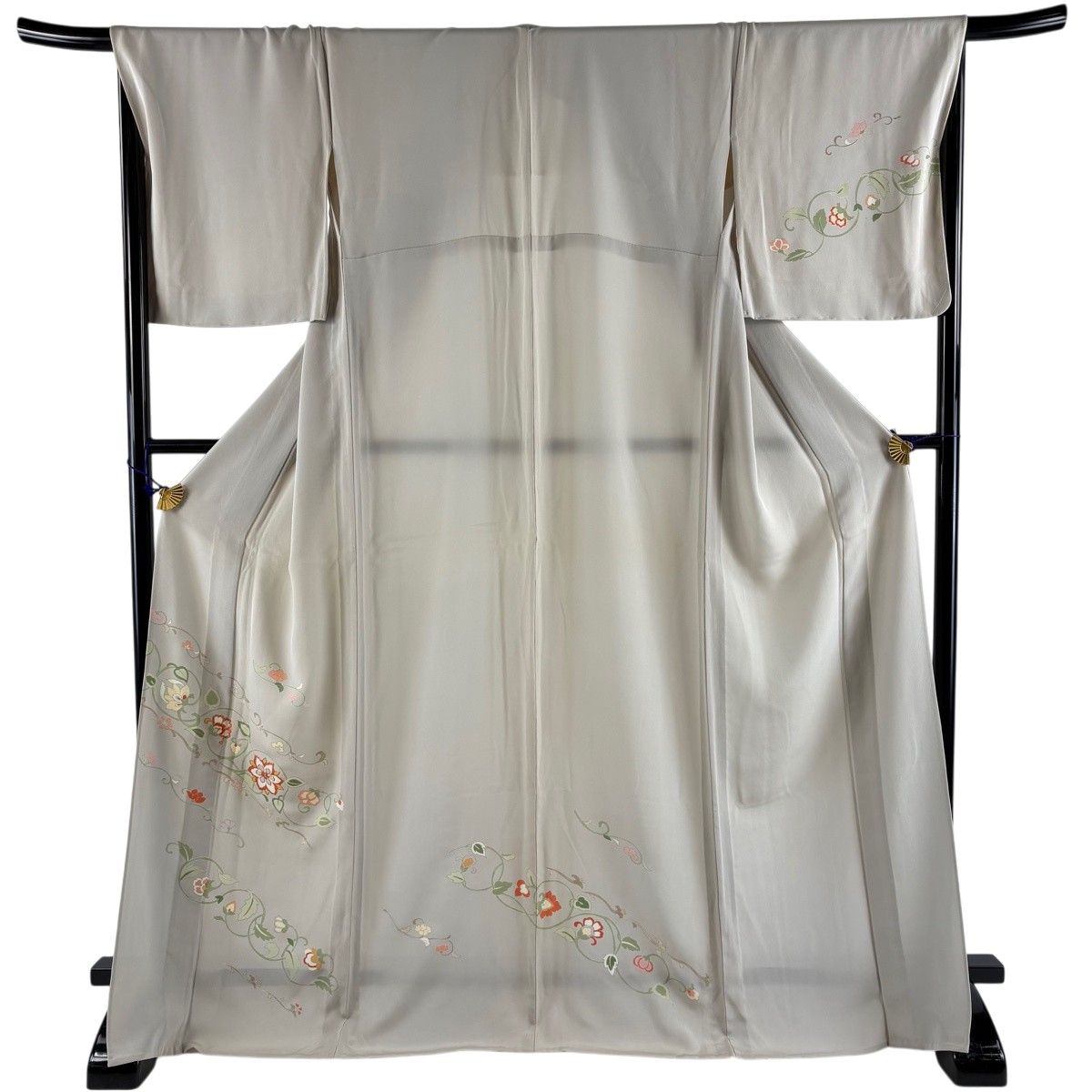 付下げ 身丈170cm 裄丈69cm L 単衣 花唐草 金糸 金彩 灰茶 正絹 秀品 【中古】
