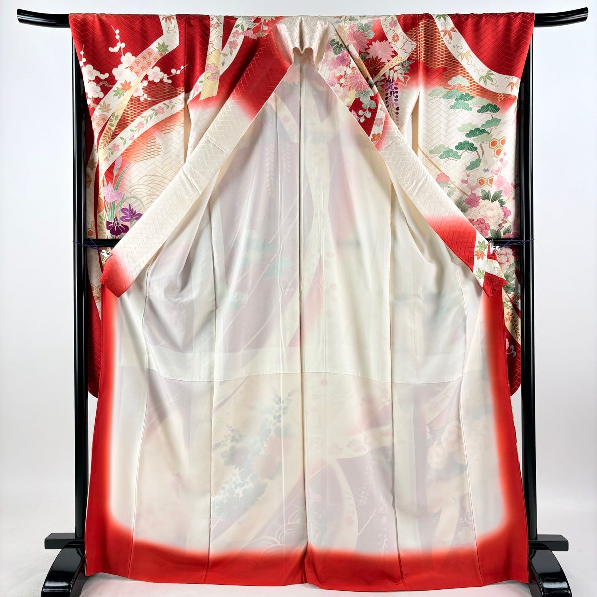 振袖 身丈168.5cm 裄丈67.5cm L 袷 落款 牡丹 熨斗 金彩 染め分け 赤