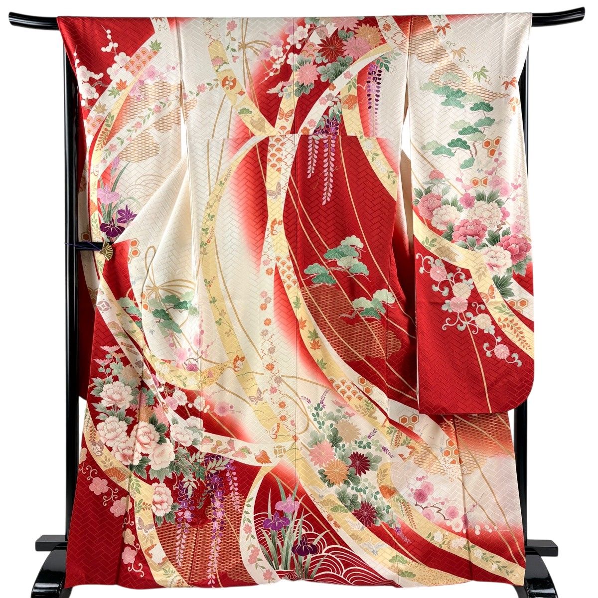 振袖 身丈168.5cm 裄丈67.5cm L 七宝 金糸金通し 朱色正絹名品 振袖 身丈168.5cm 裄丈67.5cm L 袷 落款 牡丹 熨斗 金彩 染め分け 赤