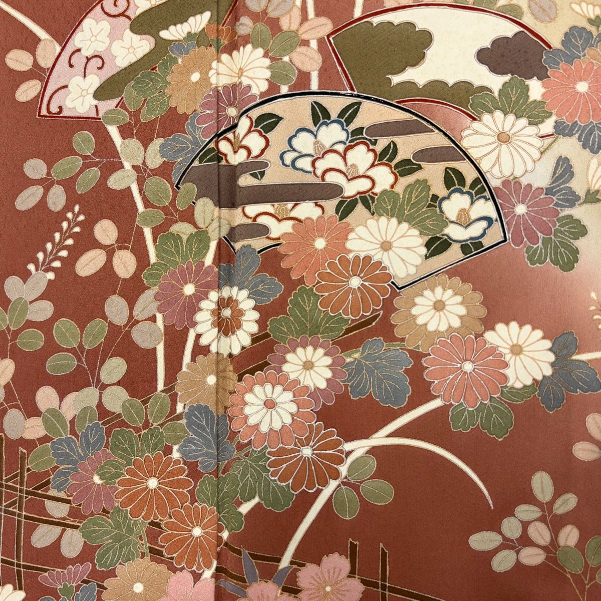 美品】 訪問着 身丈161cm 裄丈65cm M 袷 扇面 草花 金銀彩 染め分け 