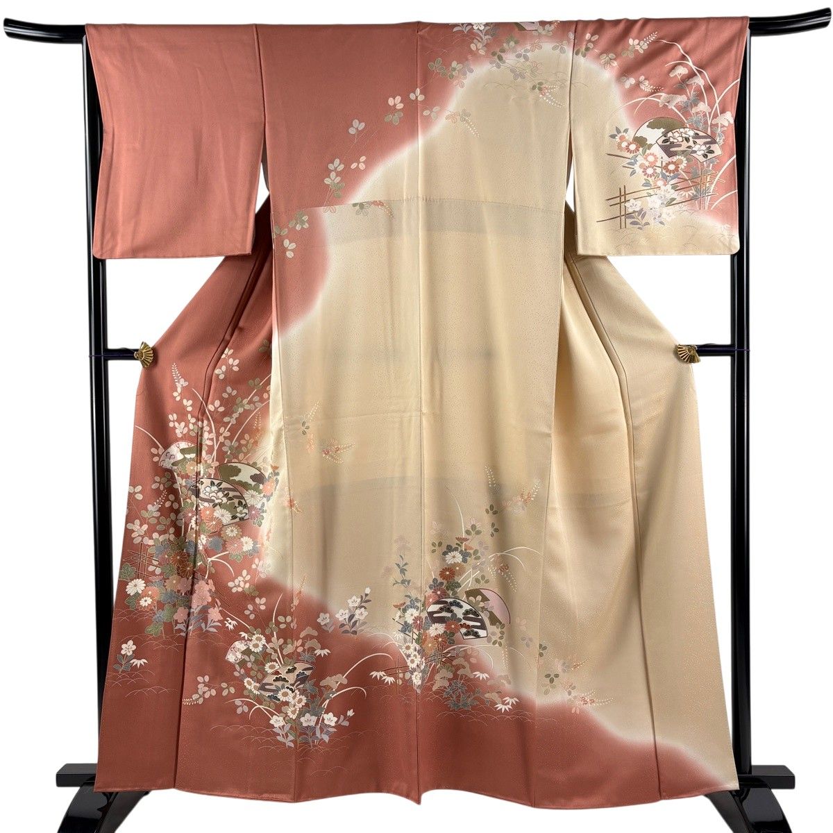 美品】 訪問着 身丈161cm 裄丈65cm M 袷 扇面 草花 金銀彩 染め分け