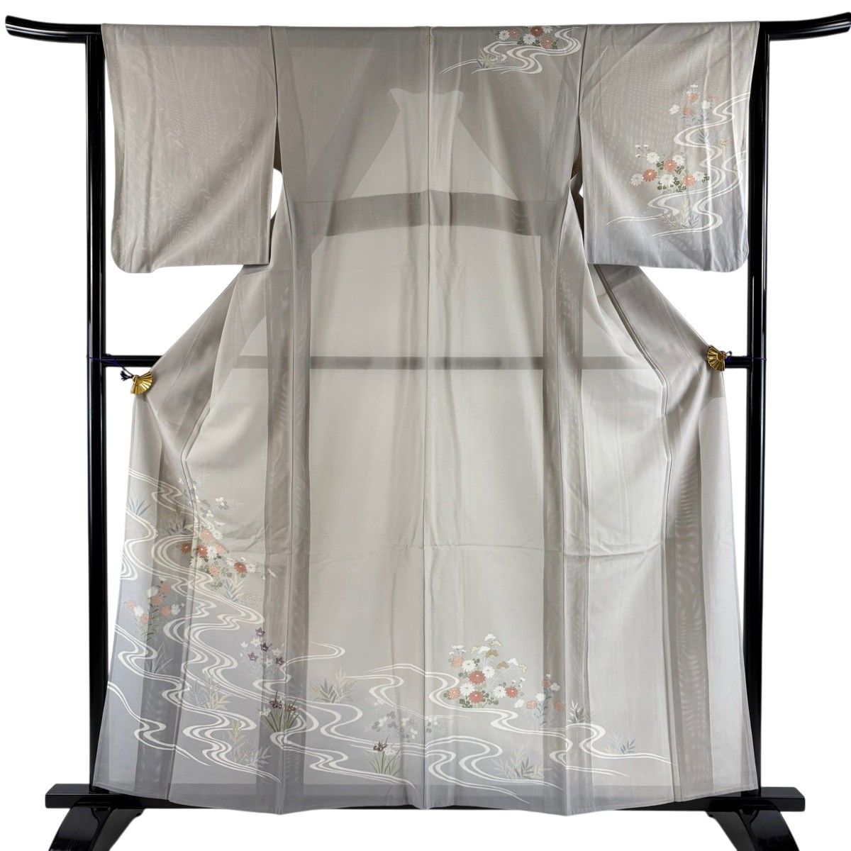 訪問着 身丈159cm 裄丈64cm M 薄物 絽 草花 流水 金彩 ぼかし 灰色 正絹 秀品 一つ紋 【中古】