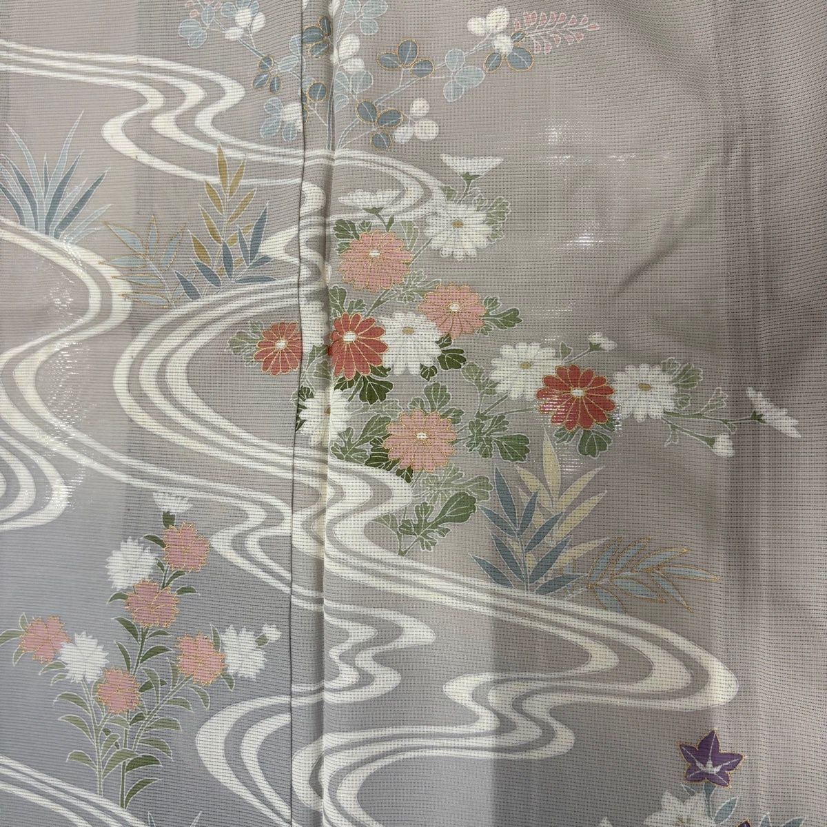 訪問着 身丈159cm 裄丈64cm M 薄物 絽 草花 流水 金彩 ぼかし 灰色 正絹 秀品 一つ紋 【中古】