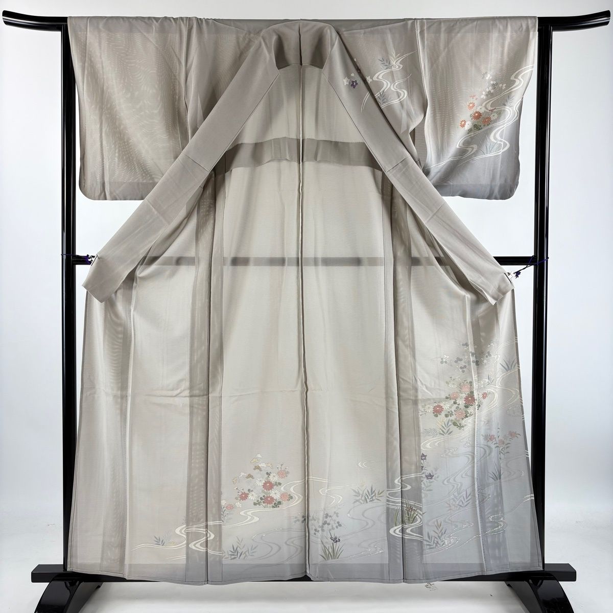 訪問着 身丈159cm 裄丈64cm M 薄物 絽 草花 流水 金彩 ぼかし 灰色 正絹 秀品 一つ紋 【中古】