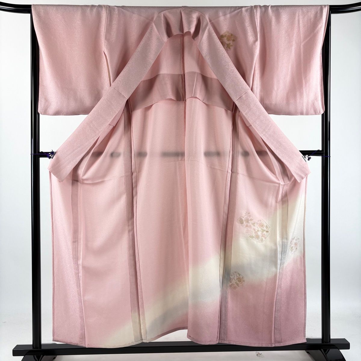 【美品】 付下げ 身丈156cm 裄丈66cm M 単衣 草花 鳥 刺繍 ぼかし ピンク 正絹 秀品 【中古】