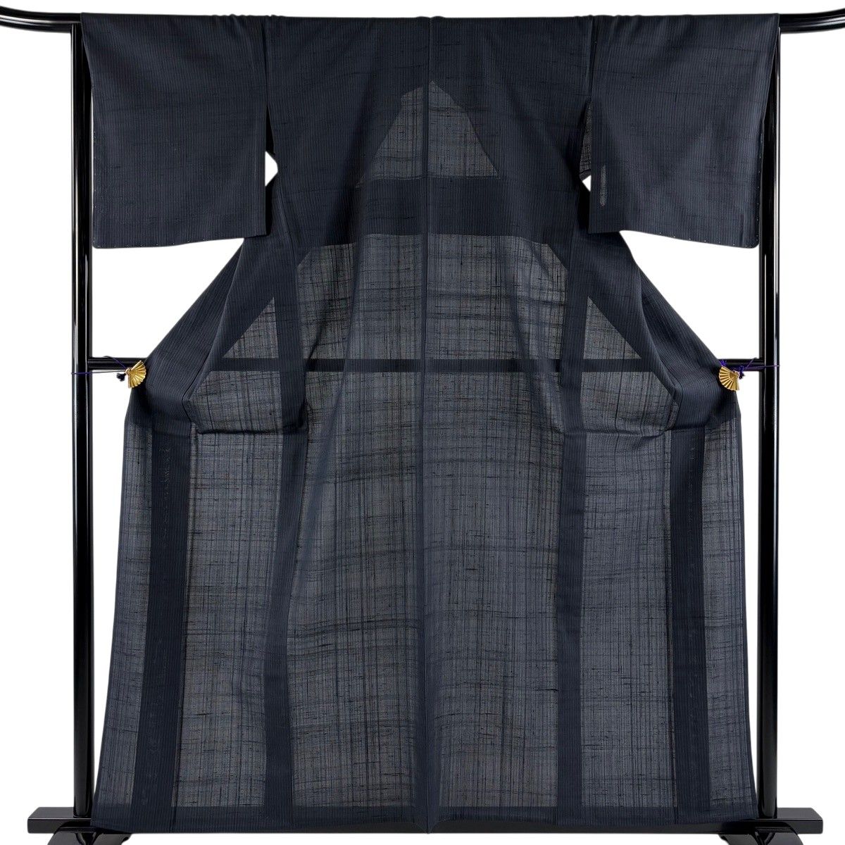 【美品】 紬 身丈160cm 裄丈66cm M 単衣 縦縞 紺色 正絹 秀品 【中古】