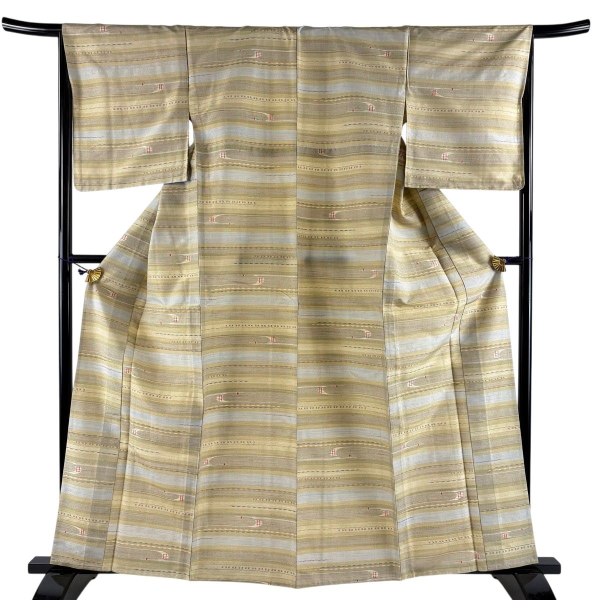 【美品】 紬 身丈162.5cm 裄丈66.5cm M 単衣 横縞 鶴 薄茶色 正絹 秀品 【中古】