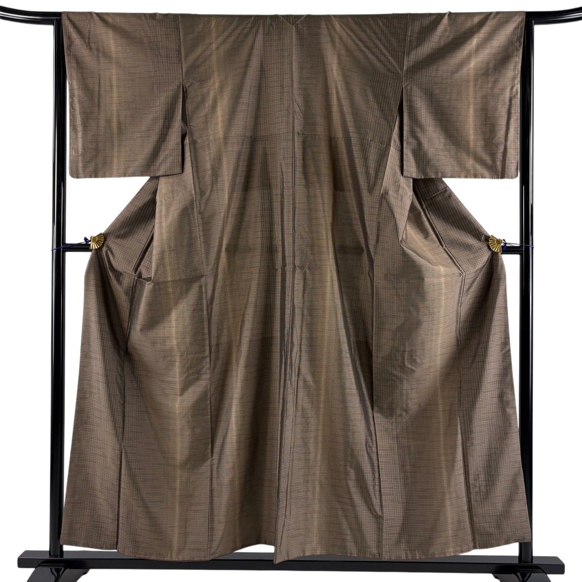 【美品】 紬 身丈156cm 裄丈65cm M 袷 格子 縞 焦茶色 正絹 秀品 【中古】