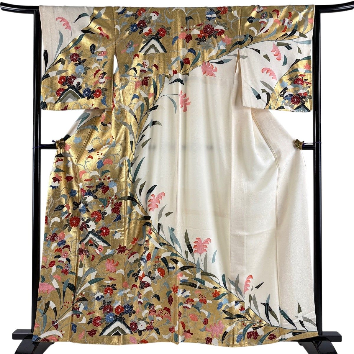 訪問着 身丈161cm 裄丈64cm M 袷 草花 金彩 クリーム 正絹 秀品 【中古】