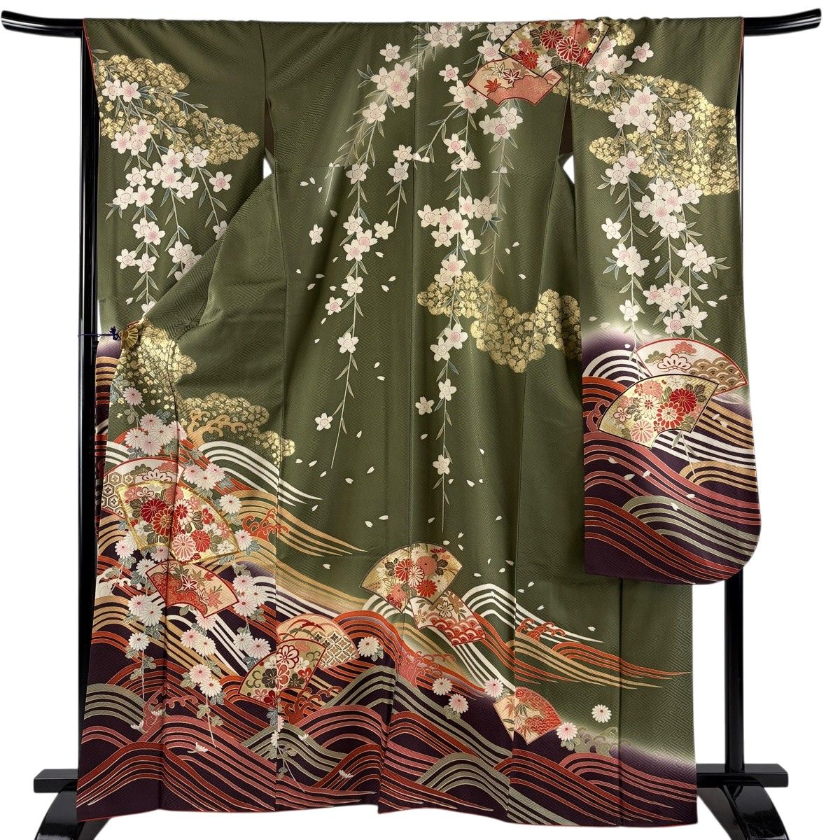美品】 振袖 身丈164.5cm 裄丈66cm M 袷 扇面 菊 金糸 金彩 茶緑色