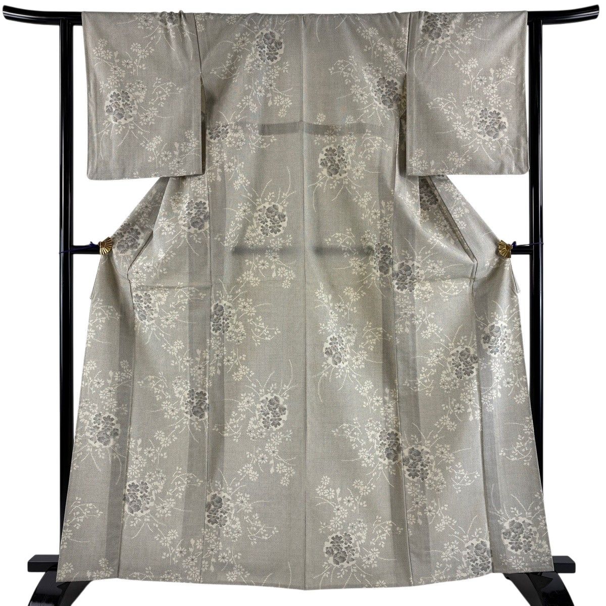 紬 身丈163.5cm 裄丈63cm S 単衣 雪輪 草花 灰色 正絹 秀品 【中古】
