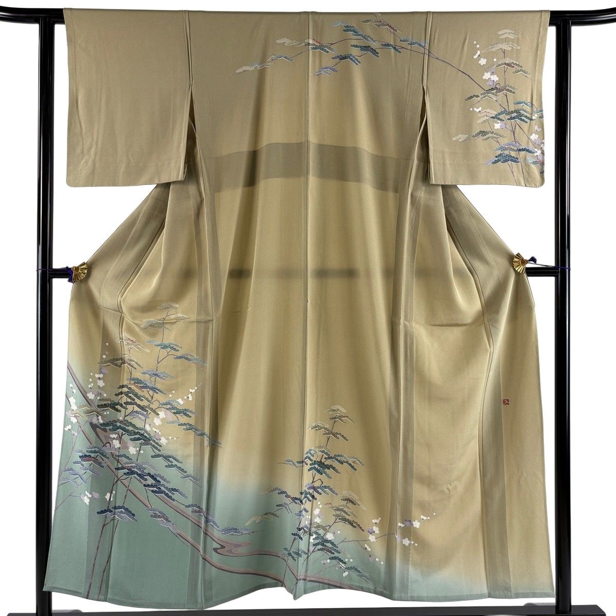 訪問着 身丈151.5cm 裄丈60.5cm S 単衣 落款 松 枝梅 染め分け ぼかし 抹茶色 正絹 秀品 【中古】