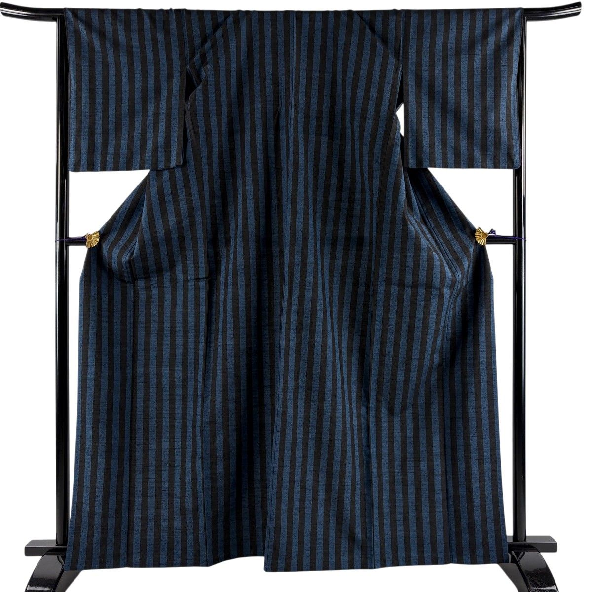 【美品】 紬 身丈163.5cm 裄丈66cm M 単衣 信州紬 証紙 縦縞 藍色 正絹 秀品 【中古】