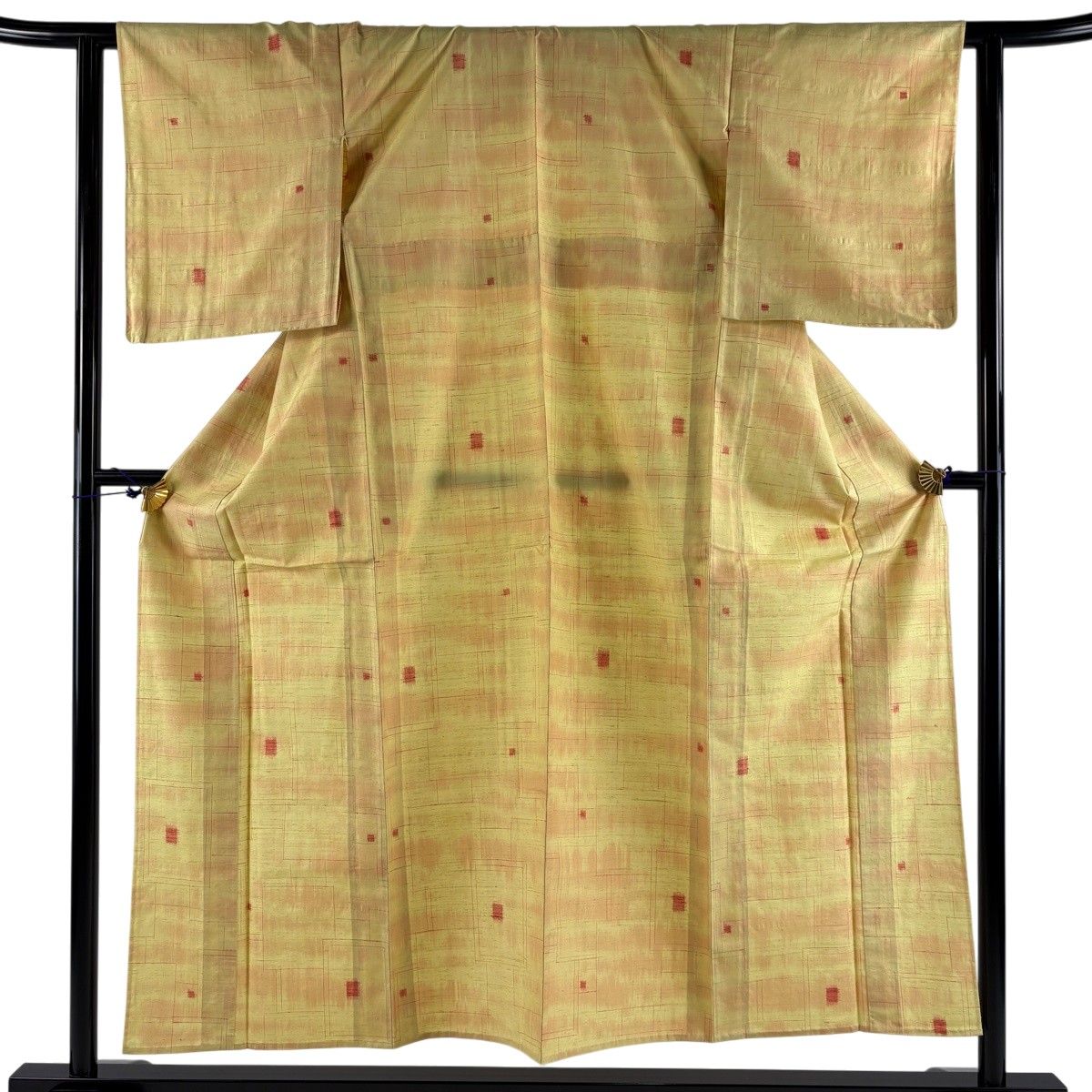 【美品】 紬 身丈153.5cm 裄丈62.5cm S 単衣 幾何学模様 黄色 正絹 秀品 【中古】
