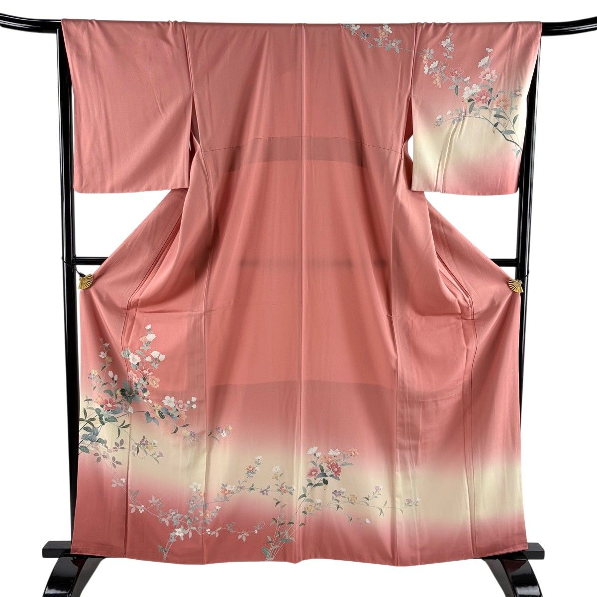 訪問着 身丈162.5cm 裄丈67cm M 袷 枝花 葉と実 染め分け ぼかし ピンク 正絹 秀品 【中古】