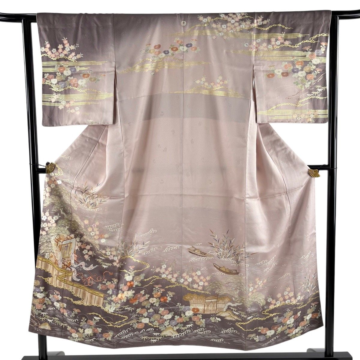訪問着 身丈151cm 裄丈63cm S 袷 御所車 桜 刺繍 金糸 薄小豆 正絹 秀品 一つ紋 【中古】